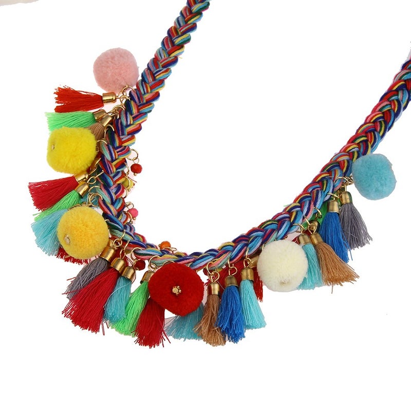 LUREME Bohemian Handmade Colorful Braided with Pom Pom and Tassels Statement Necklace Collar (nl005628) - Image 2